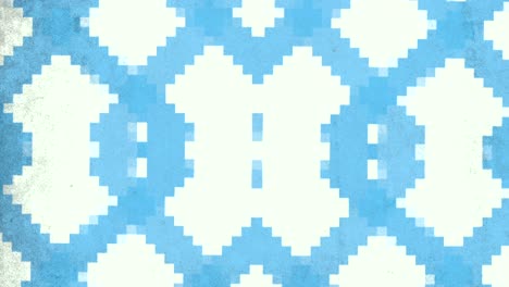 a blue and white background with pixel art