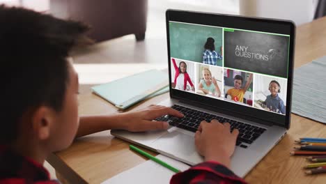 escolar que usa una computadora portátil para una lección en línea en casa, con un maestro y una clase diversos en la pantalla