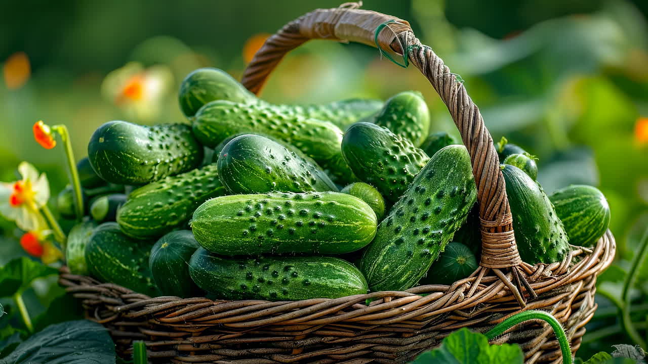 Garden-fresh cucumbers picked. A large basket filled with fresh cucumbers sits in a vibrant garden with blooming flowers on a sunny day