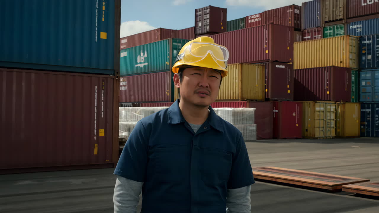 Mand med hat og sikkerhedsbriller står i en containerterminal