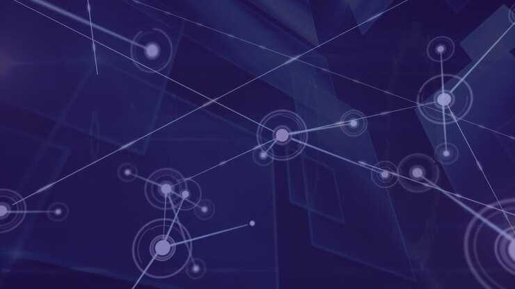 Network of connections and data processing animation over abstract blue background