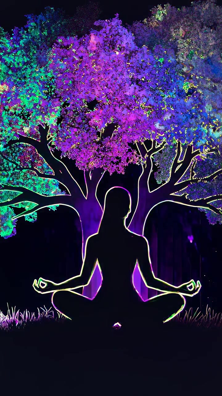Canlı Bir Gökkuşağı Ağacının Altında Meditasyon Yapan İnsan Silüeti