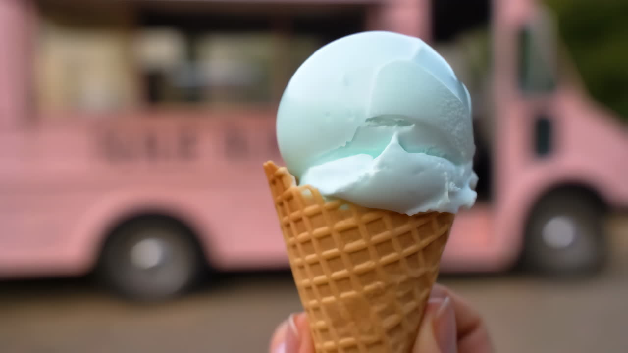 Hand holding a blue ice cream cone in front of a pink food truck