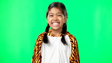 Green-screen,-smile-and-excited-child-in-a-tiger