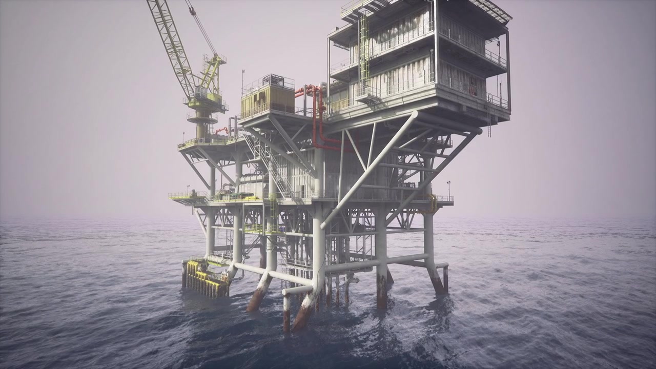 Floating industrial setup engaged in cargo transfer and positioning