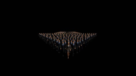 businessmen with a businesswoman in front forming arrow shape pointing down, 4k, against black