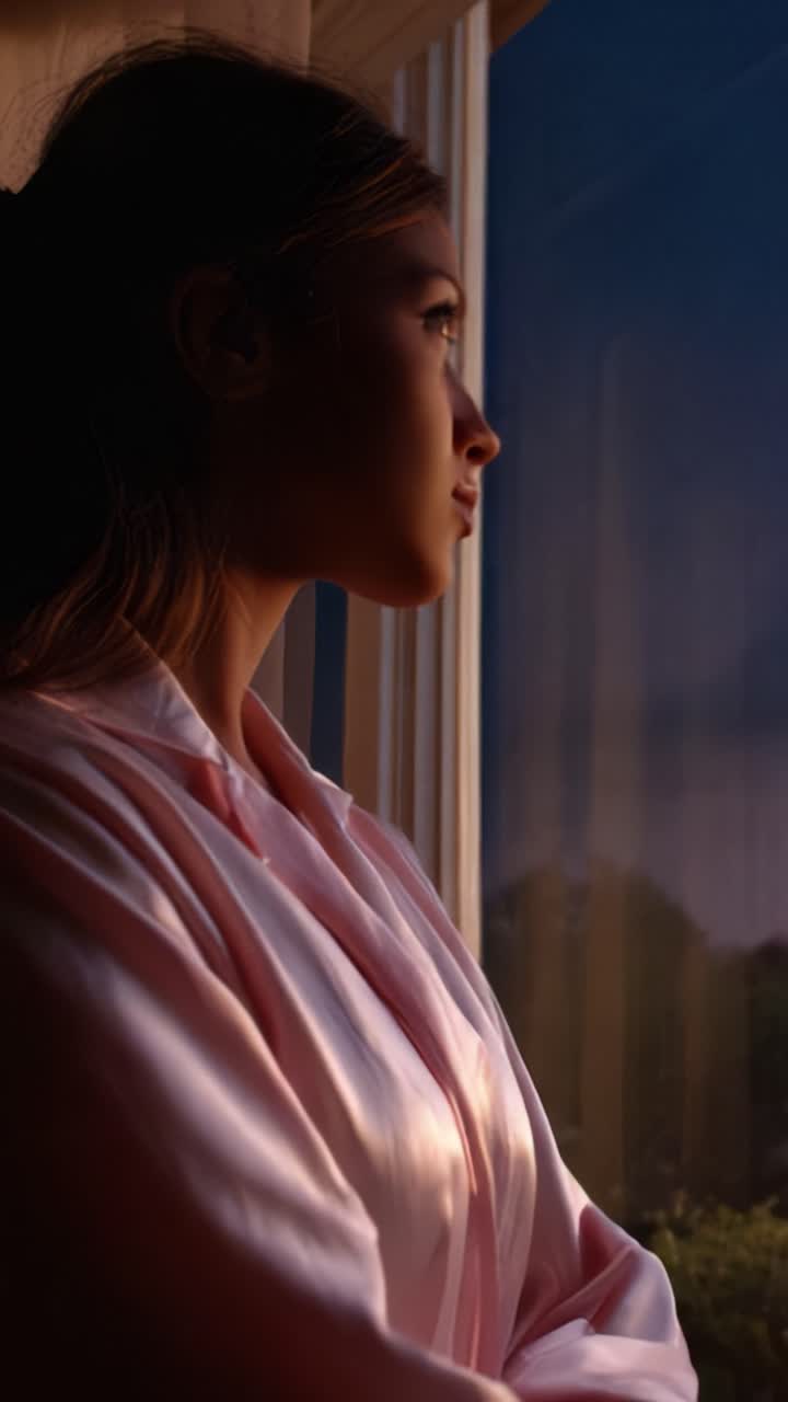 Contemplative Woman Gazing Out of the Window at Twilight, Surrounded by a Tranquil Atmosphere in Soft Lighting, Evoking Feelings of Reflection and Serenity