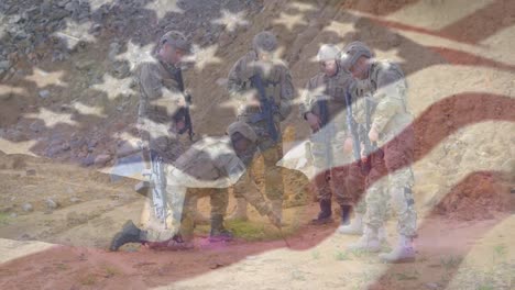 animation of flag of usa over diverse soldiers with armour