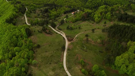 aerial drone view over curved road leading to forest