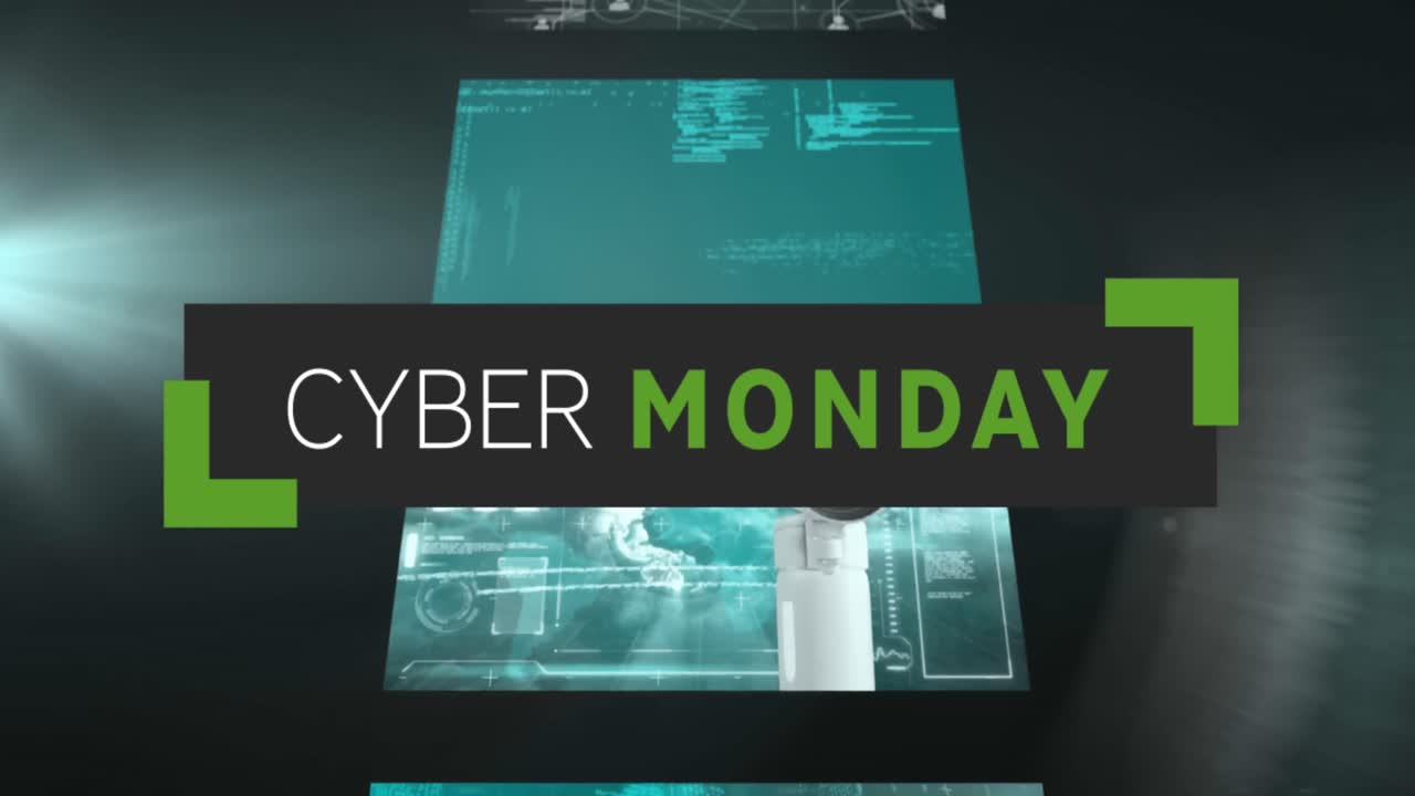 Animazione di Cyber Monday su schermi con elaborazione dati