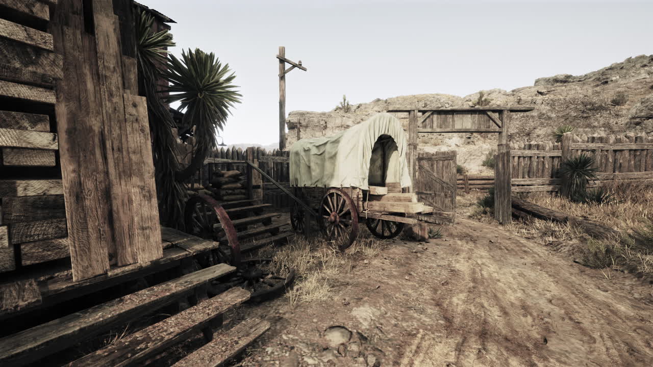 una antigua ciudad occidental auténtica con un vagón cubierto