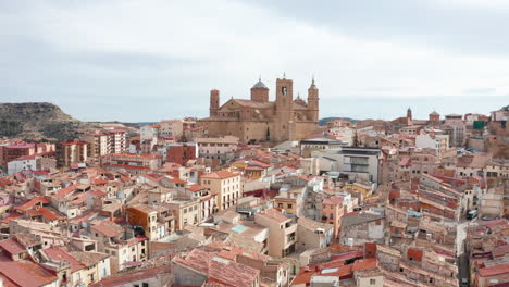 Close-aerial-view-of-the-church-Santa-maria-de-mayor-Alcaniz-Gothic-tower