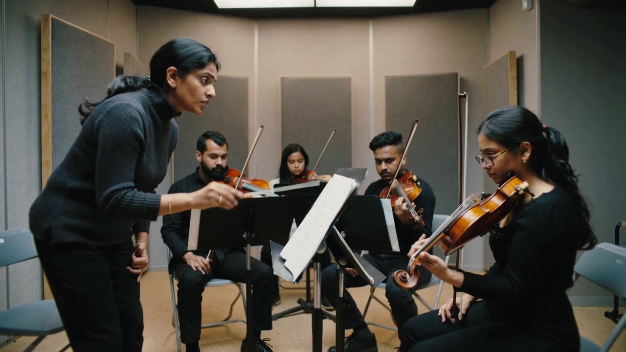 Leading female conductor starting cue with baton, guiding quartet in studio in black for timing