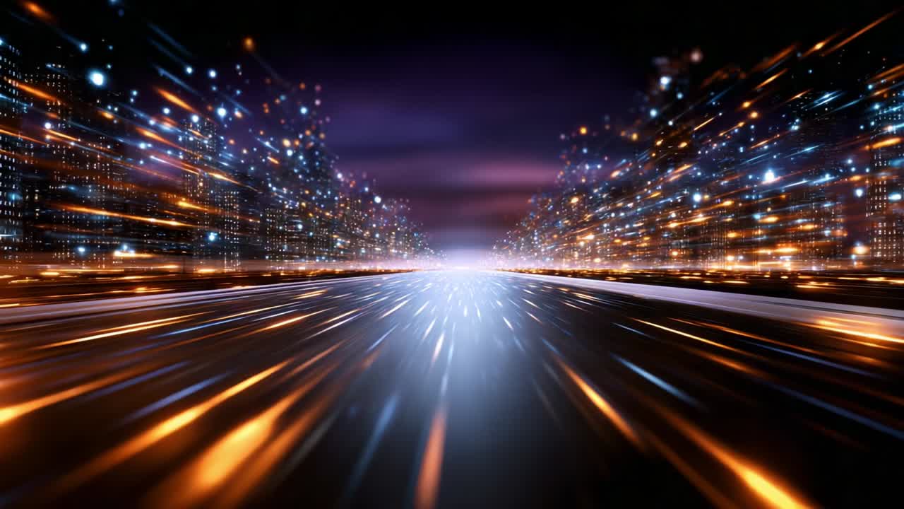 Una prospettiva dinamica su un paesaggio urbano futuristico: catturare l'essenza della velocità e della luce mentre definisce il viaggio attraverso un paesaggio urbano ricco di illuminazioni colorate e movimento