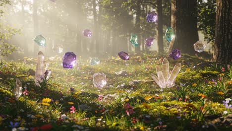 A Stunning Display of Colorful Crystals Floating Above a Lush Forest Floor, Illuminated by Soft Sunlight and Surrounded by Vibrant Wildflowers