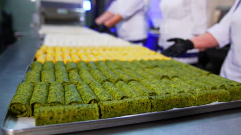 the cooks displaying the trays with the ready-made pastry. factory workers put the stuffed crepes on the metal table. blurred backdrop.