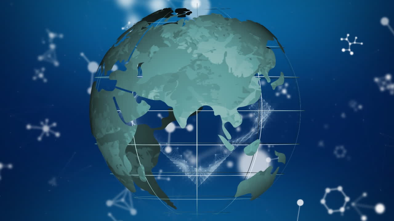 Animation of network of connections and molecules over blue background