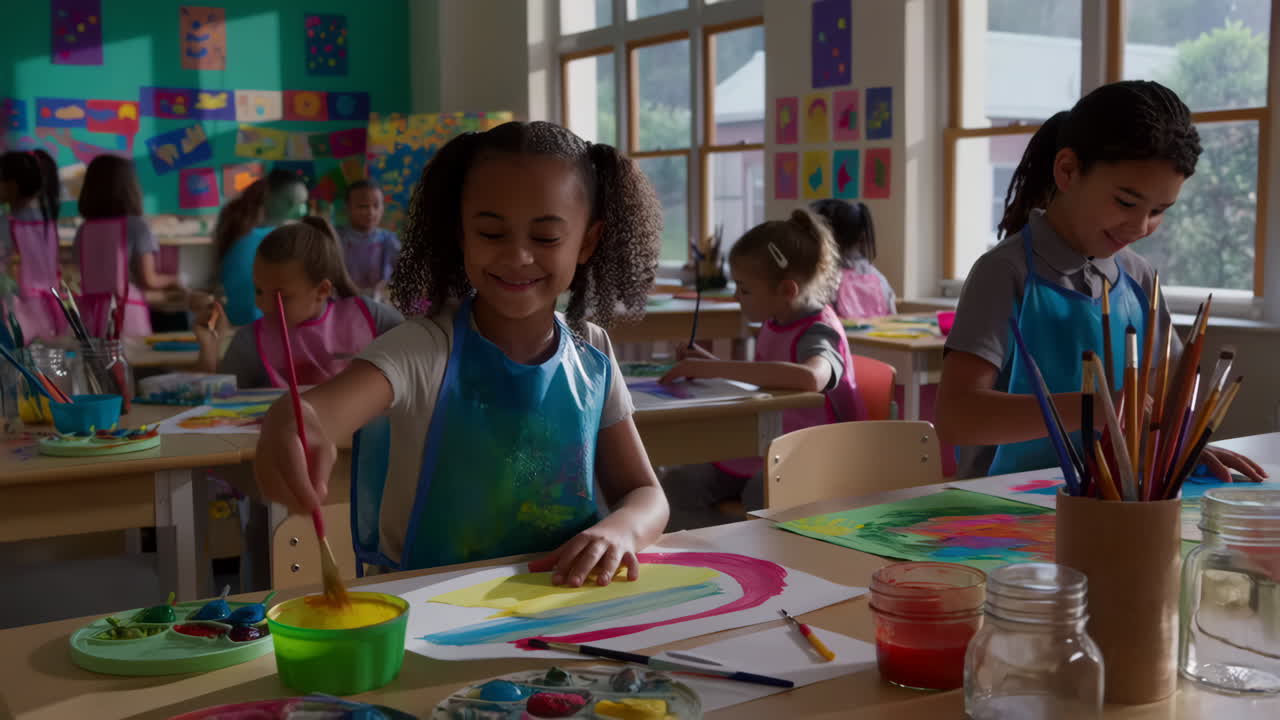 Children happily painting in an art class