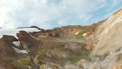 Volando-A-Través-Del-Valle-Geotérmico-Natural-Con-Río-Y-Montañas-Nevadas,-Fpv