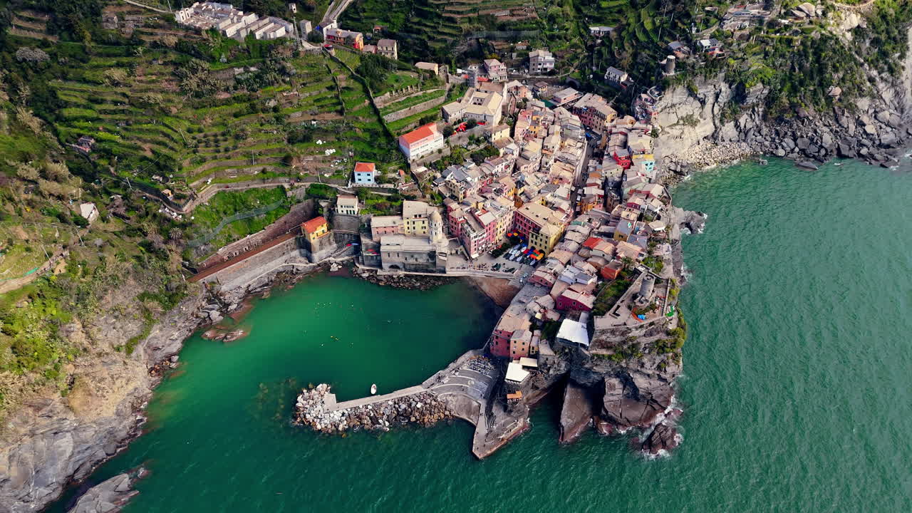 Vernazza, a beautiful coastal town in cinque terre, italy, by the sea, aerial view