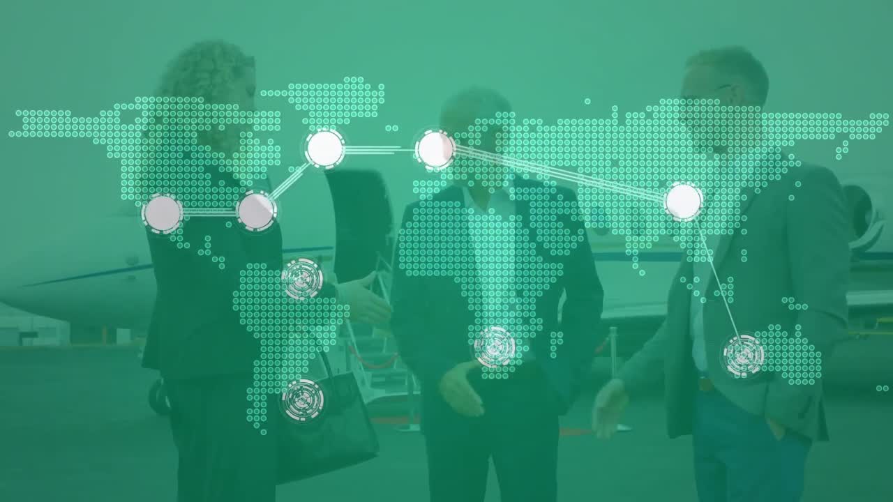 세계 지도, 비행기 및 비즈니스 사람들에 대한 연결 네트워크의 애니메이션