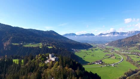 aerial, flight with the dji phantom 4 in tyrol, wonderful view over the brixental in direction inntal with the castle and the church from itter..