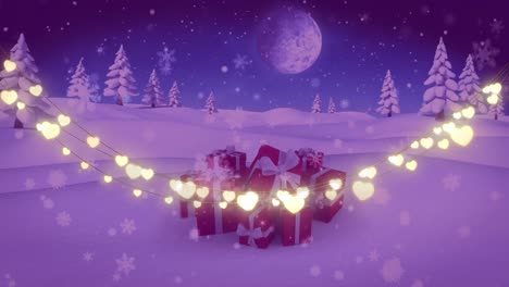 Animation-of-strings-of-glowing-christmas-fairy-lights-decoration-and-christmas-presents