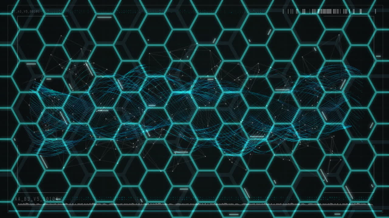 cuadrícula hexagonal y animación de onda digital sobre fondo oscuro