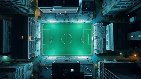 night aerial view of a soccer field in a city