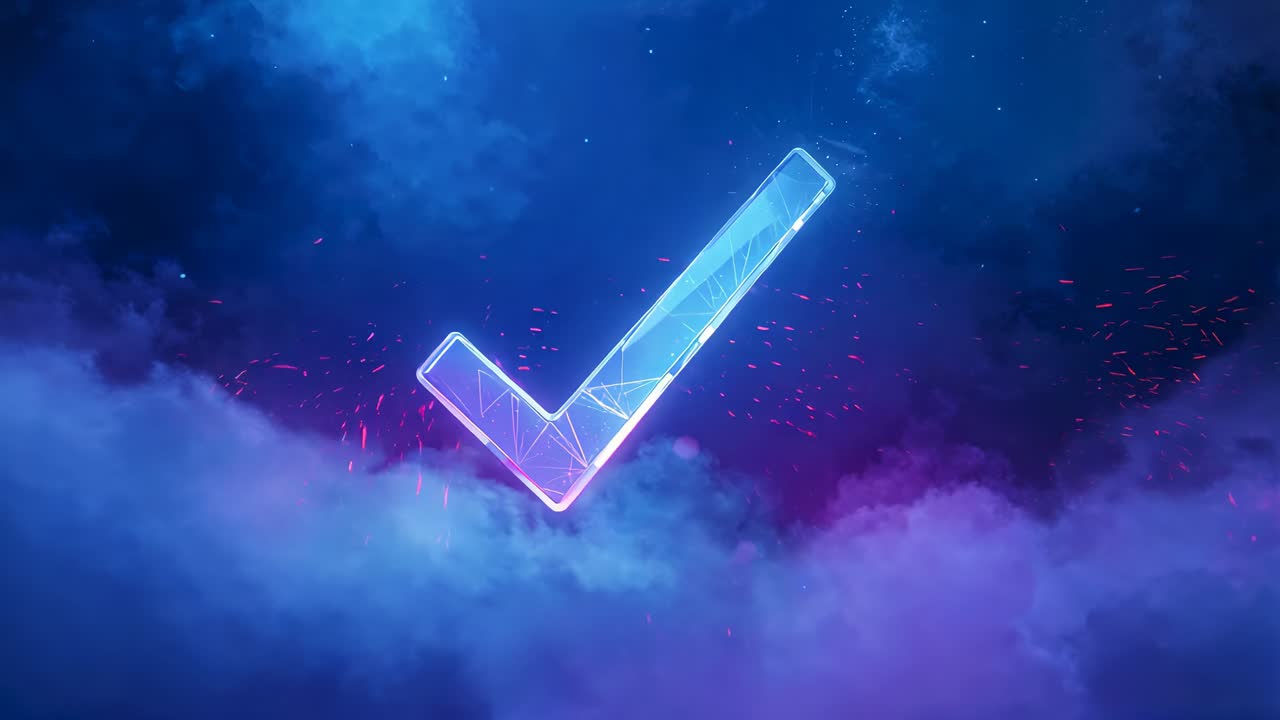Appearing cyan checkmark floating above purple blue clouds, forming pulsing halo, signaling success