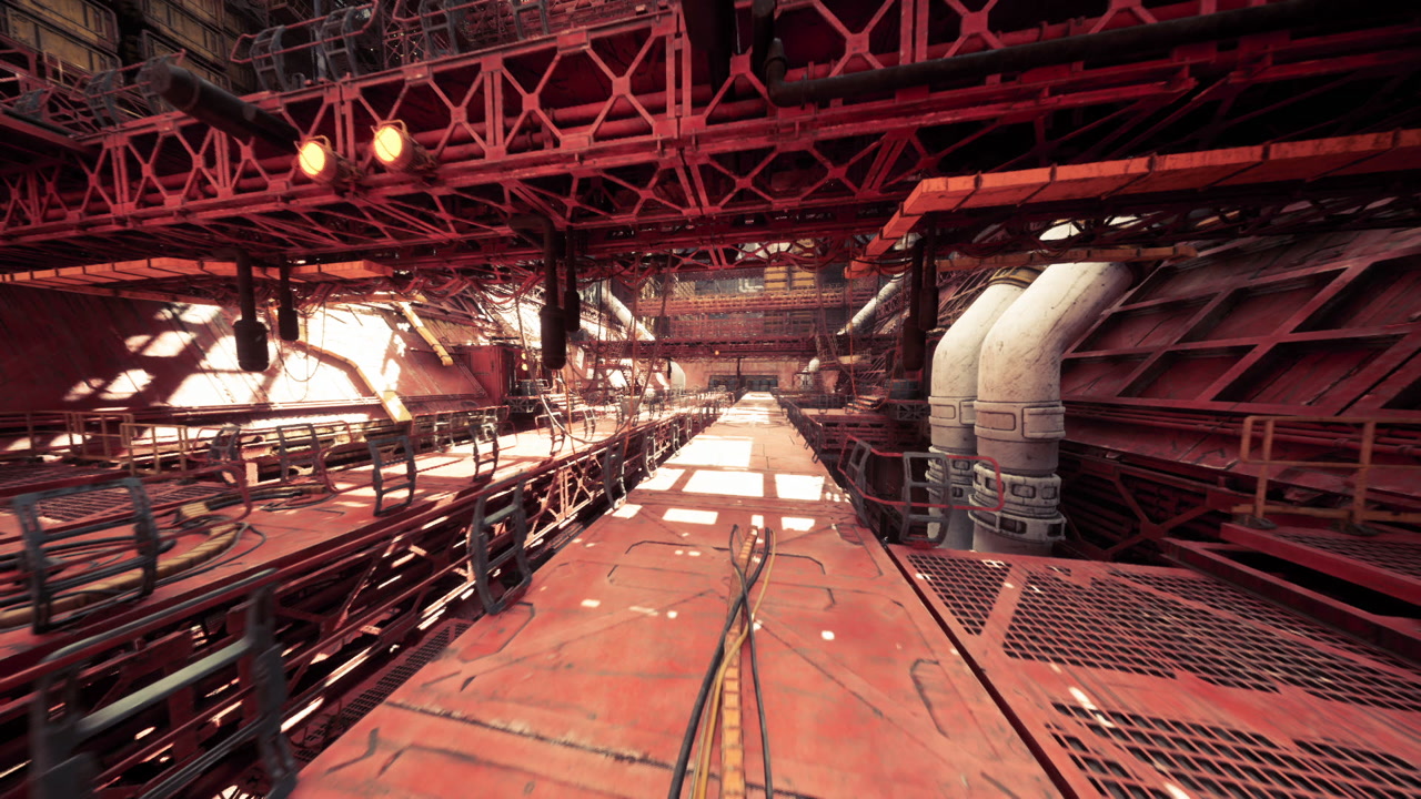 Scene of industrial neglect with rusted machinery and shadows