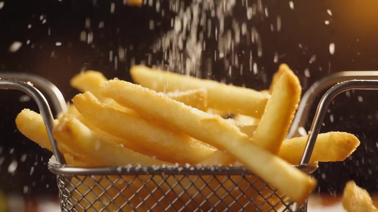 Salt Being Sprinkled Over Crispy Golden French Fries in a Wire Basket