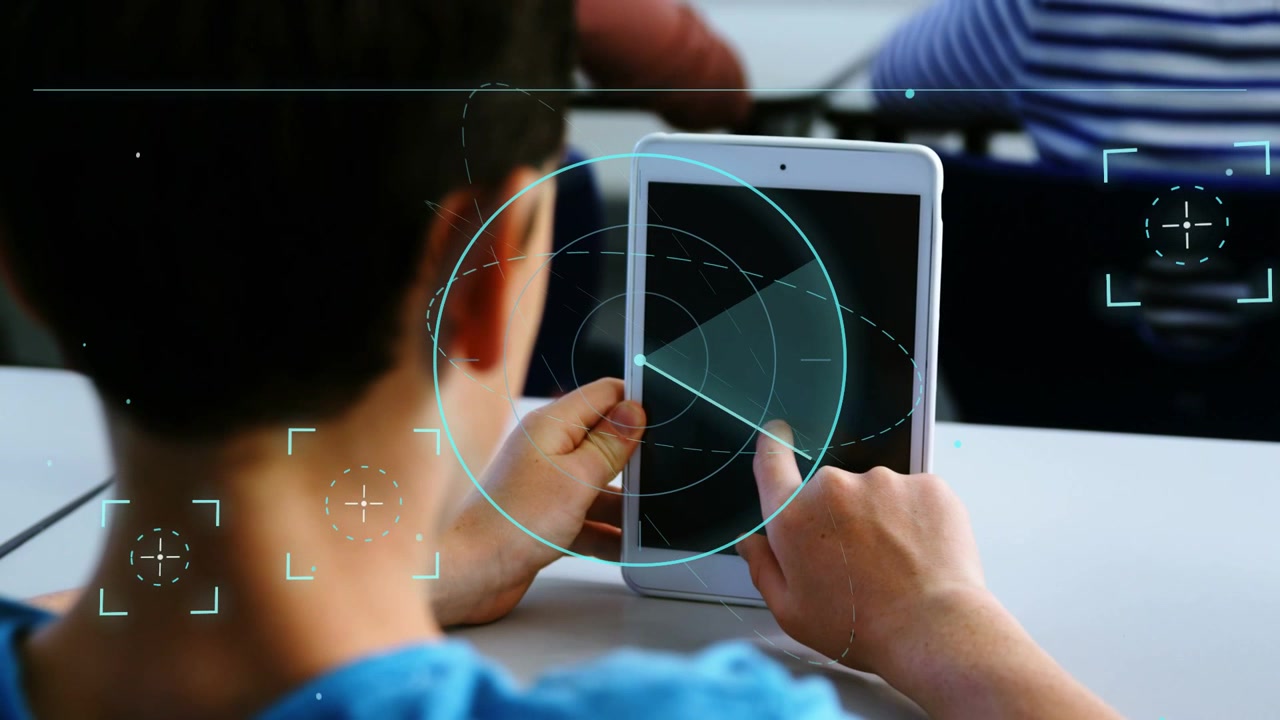 Student tapping white tablet touchscreen in education classroom, HUD appearing and guiding learning