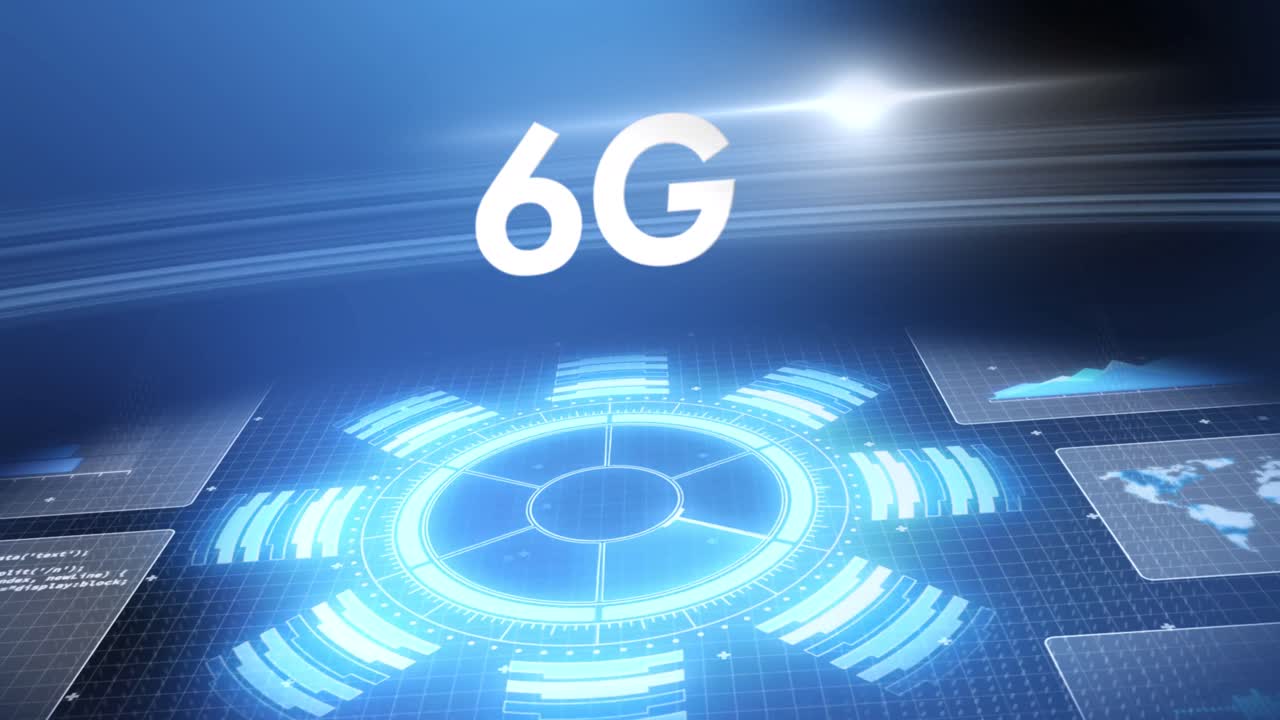 어두운 파란색 배경에 그리드 위의 화면에서 6g 텍스트, 데이터 처리 및 범위의 애니메이션