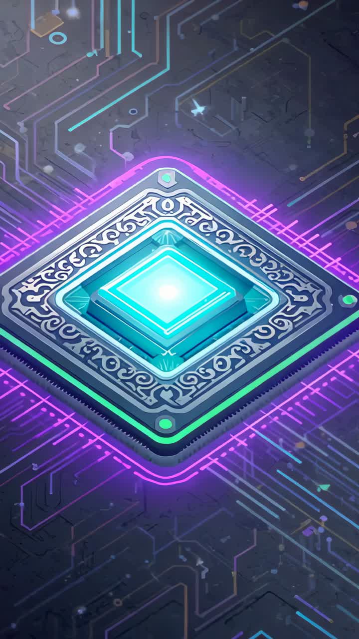 Vertical video: Pulsing ornate chip lighting cyan core with filigree on board, neon traces powering