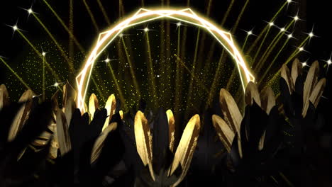 animation of gold leaves and pattern and fireworks on black background