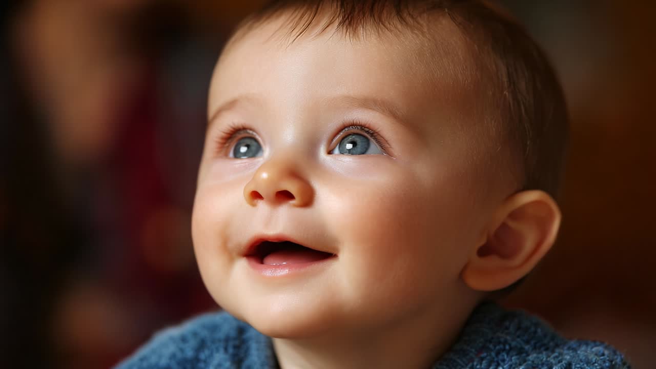 A joyful and charming baby with sparkling blue eyes smiles with delight, capturing the essence of innocence and happiness in a heartwarming moment of childhood that fills the viewer with joy and warmth
