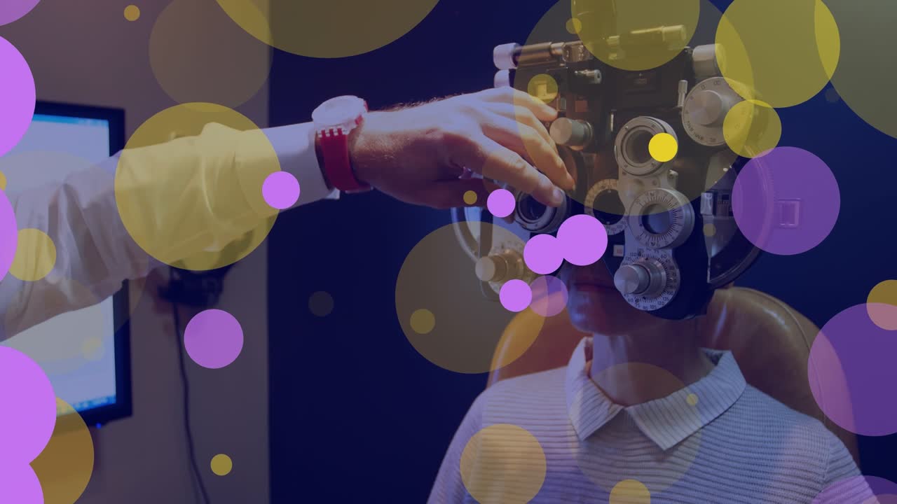Animation of yellow and pink dots moving over caucasian woman during sight examination