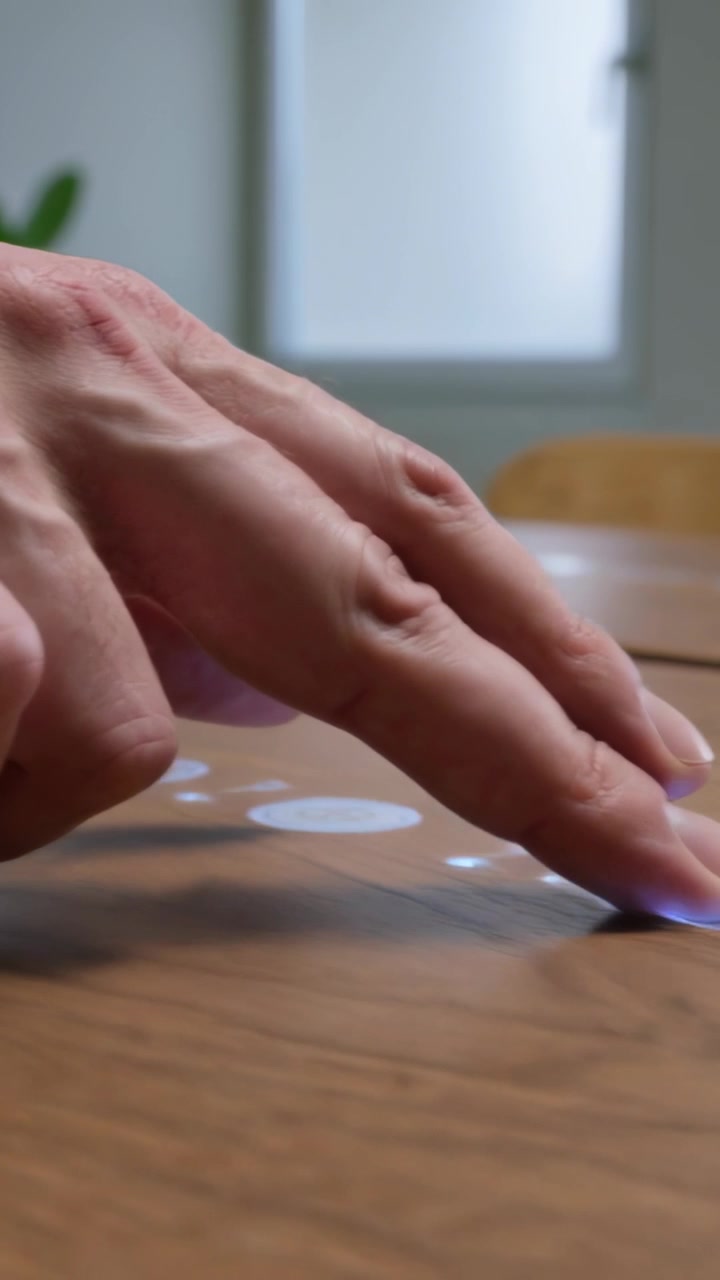 Vertical video: Tapping right hand on wooden table at home after faint disc, activating lights