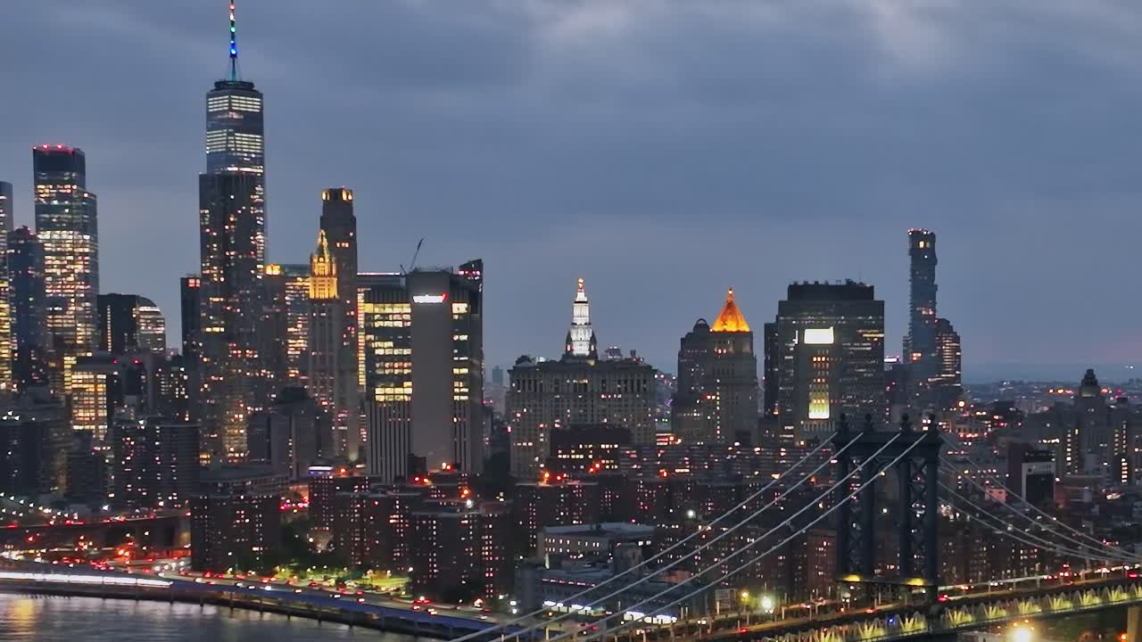 Stunning aerial view of New York City at dusk illuminated by skyline lights