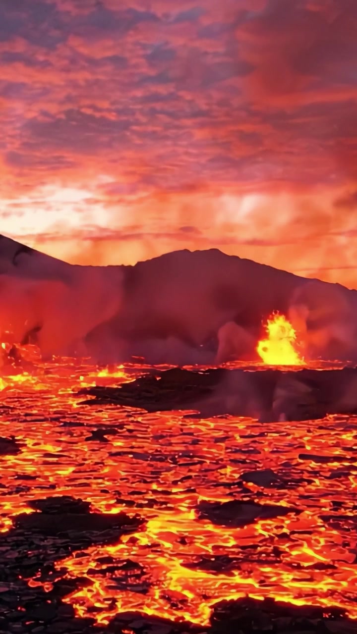 Spectacular Eruption: A Breathtaking Display of Lava and Fire as Volcanoes Rage Under a Fiery Sunset Sky
