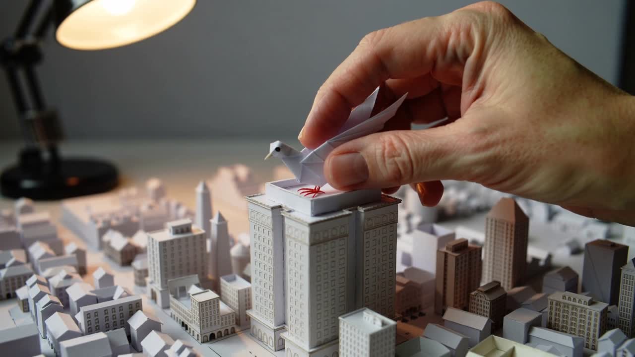 Reaching adult hand holding white origami bird lowering onto tall paper rooftop, simulating landing