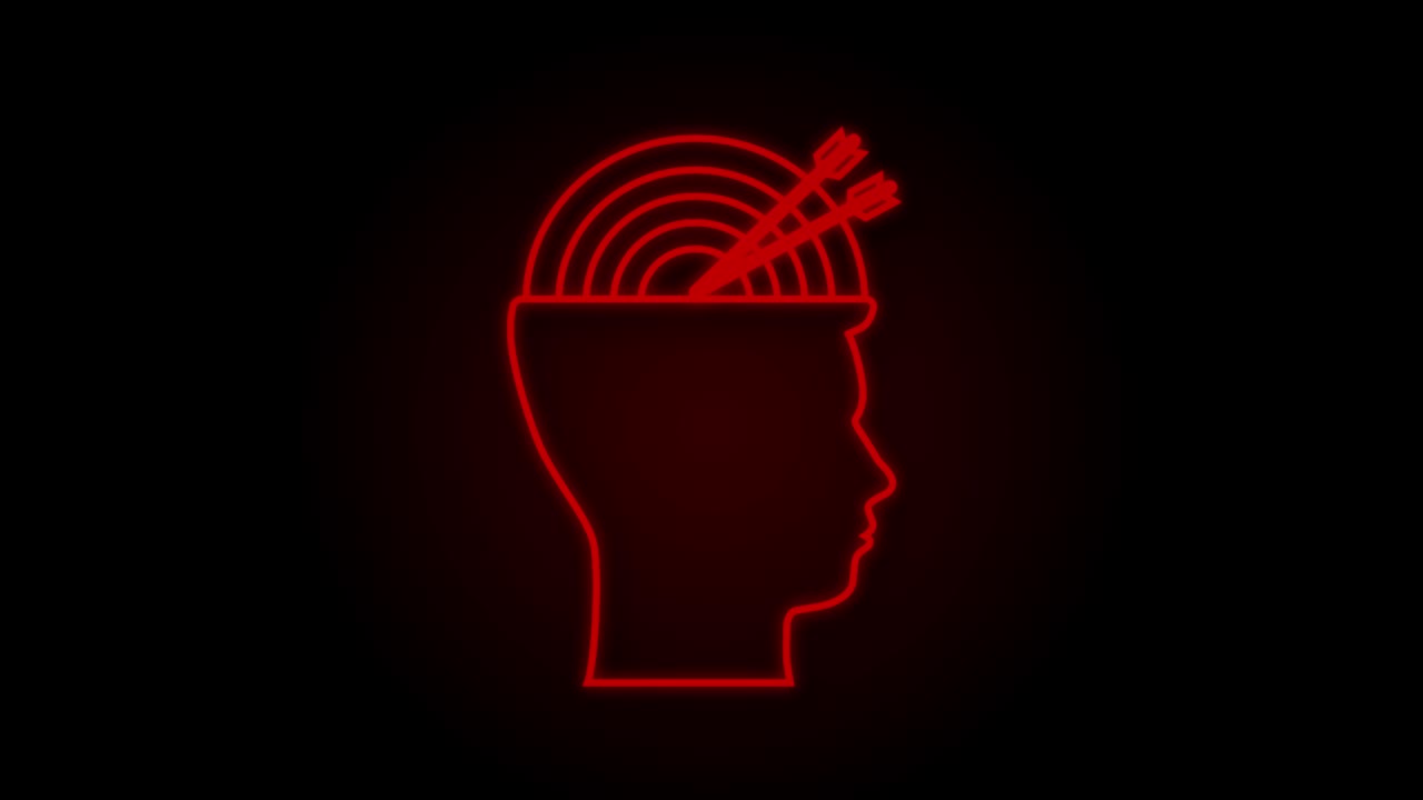 perfil del cerebro objetivo para el diseño médico. neón. estrategia de negocios. gráfico de movimiento