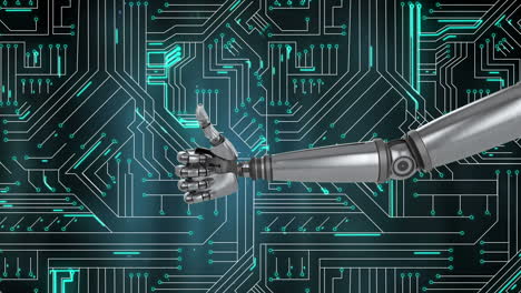 pulgares de la mano del robot hacia arriba y placa de circuito brillante azul