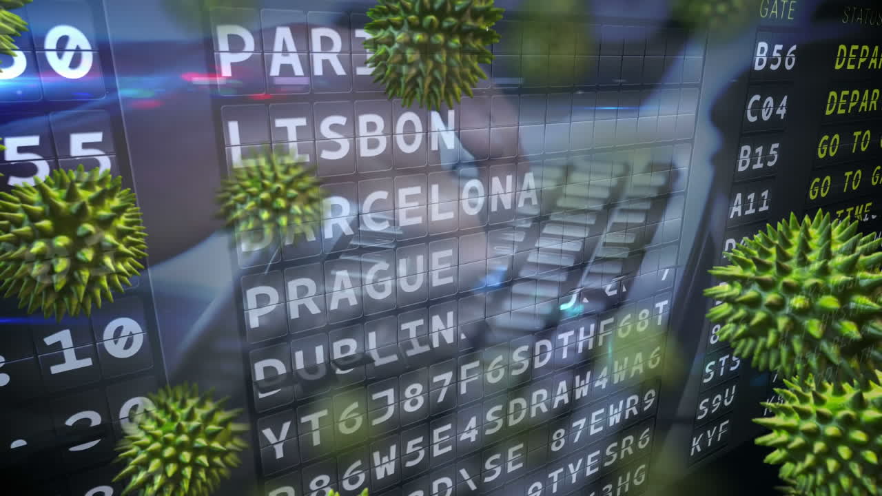 공항 비행 출발 보드를 가로질러 퍼지는 거대 코로나바이러스 코로나19 세포의 애니메이션