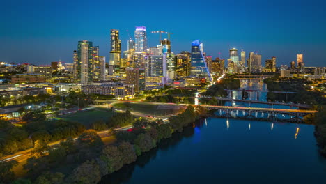 4k aerial timelapse of the austin, texas skyline during blue hour. captured with a dynamic motion,