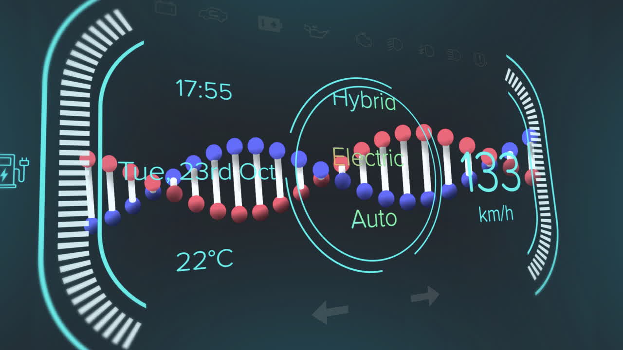 Animation of digital interface with DNA strand showing electric auto data in school