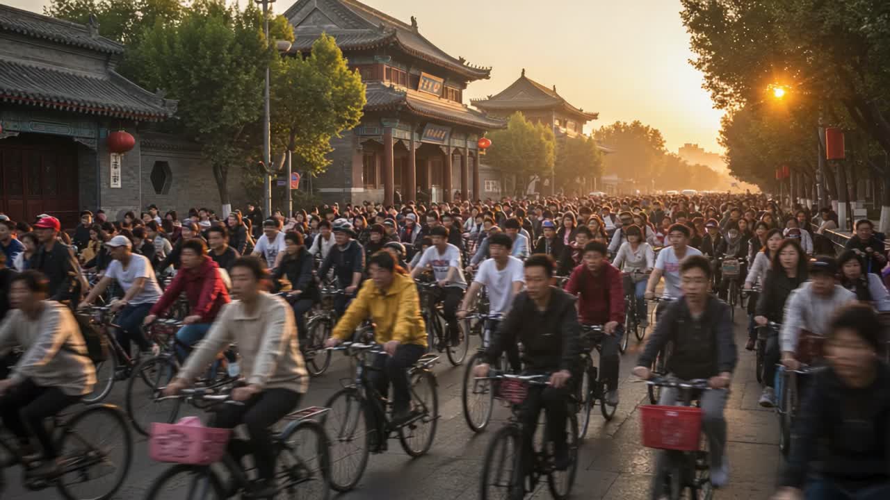 A Busy Street Scene at Sunset with a Throng of Cyclists Riding Bicycles amidst Traditional Architecture and Urban Life in a Vibrant City Setting