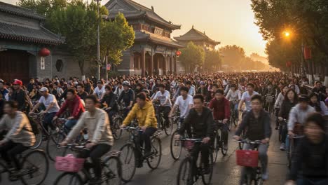 a busy street scene at sunset with a throng of cyclists riding bicycles amidst traditional architecture and urban life in a vibrant city setting