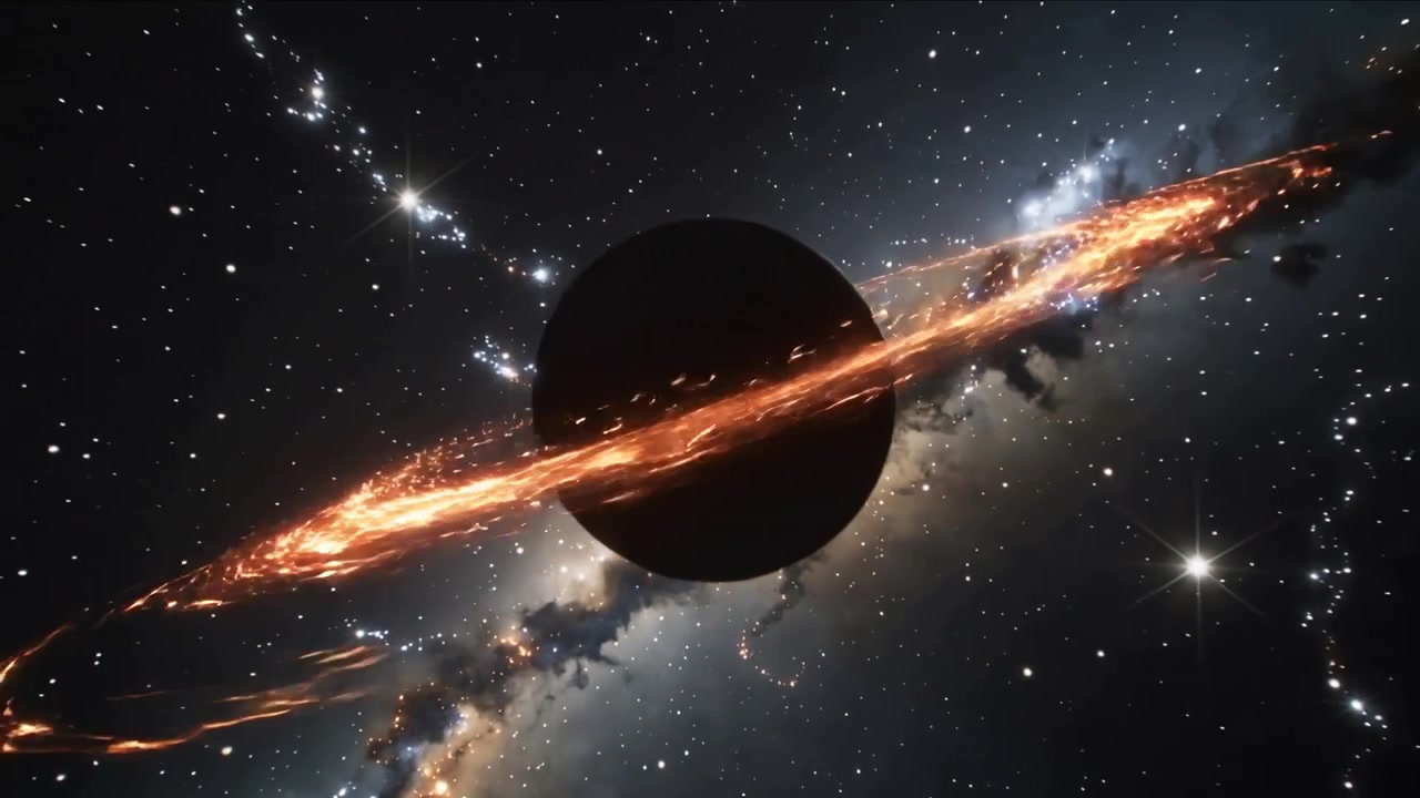 Appearing thin glowing ring causing dark sphere revealing crescent in space, sparks over Milky band